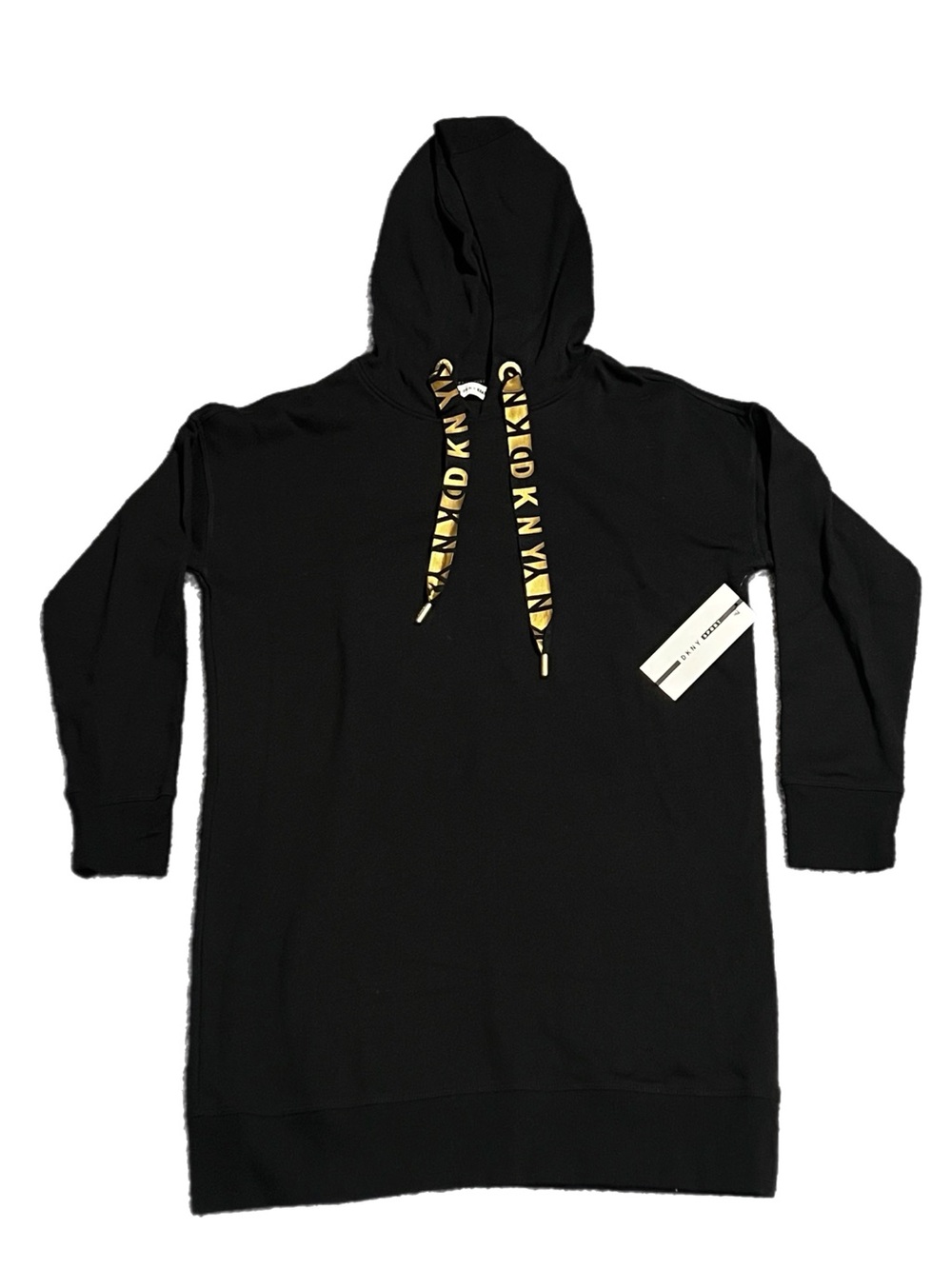 NWT DKNY Black Hoodie Dress with Gold Branded Drawstrings